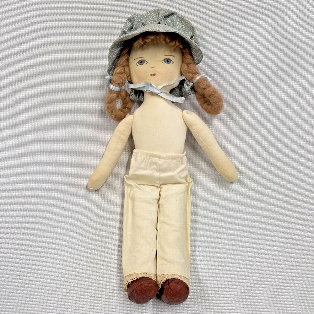 Vintage 16" Primitive Cloth Doll Folk Style Hand Made Leather Boots Sewn Face